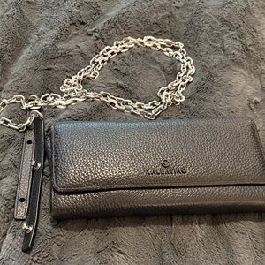 Valentino Black Textured Wallet with Silver Chain